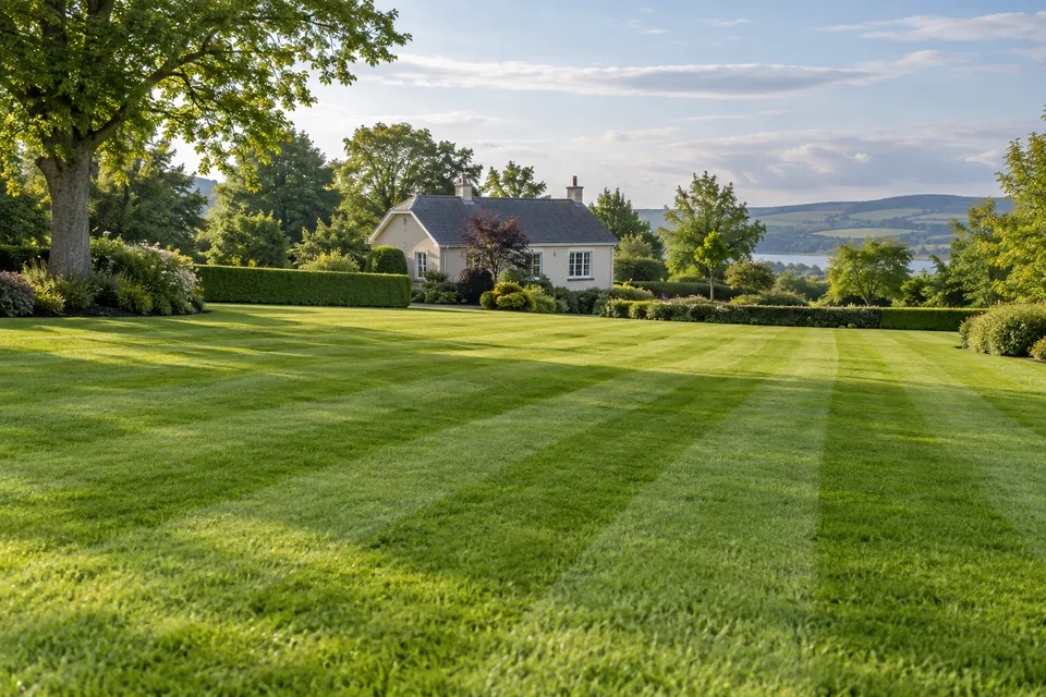 Illustrative large lawn with tidy mowing stripes at an Irish home