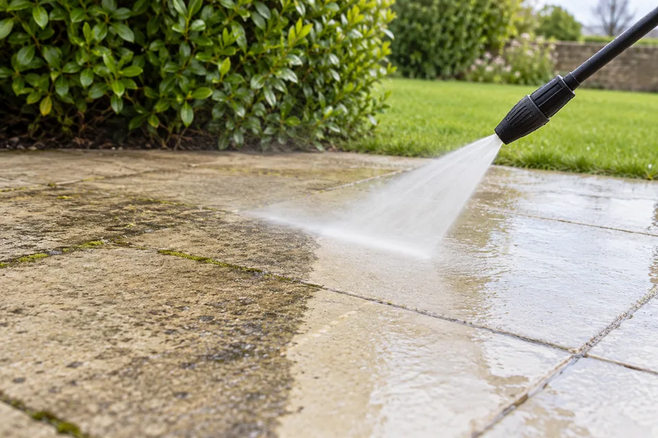 Illustrative pressure washer lifting dirt from a stone patio